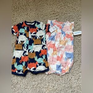 Carters boy girl crab button up summer beach pool romper - twins 12 months